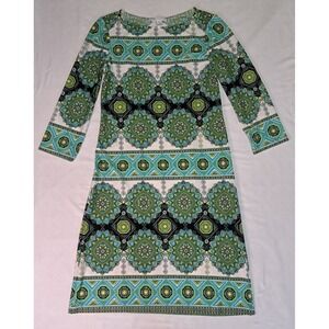 London Times Sz 4 Women's Blue/Grn Shift Dress 3/4 Slv Forest Hippie Retro